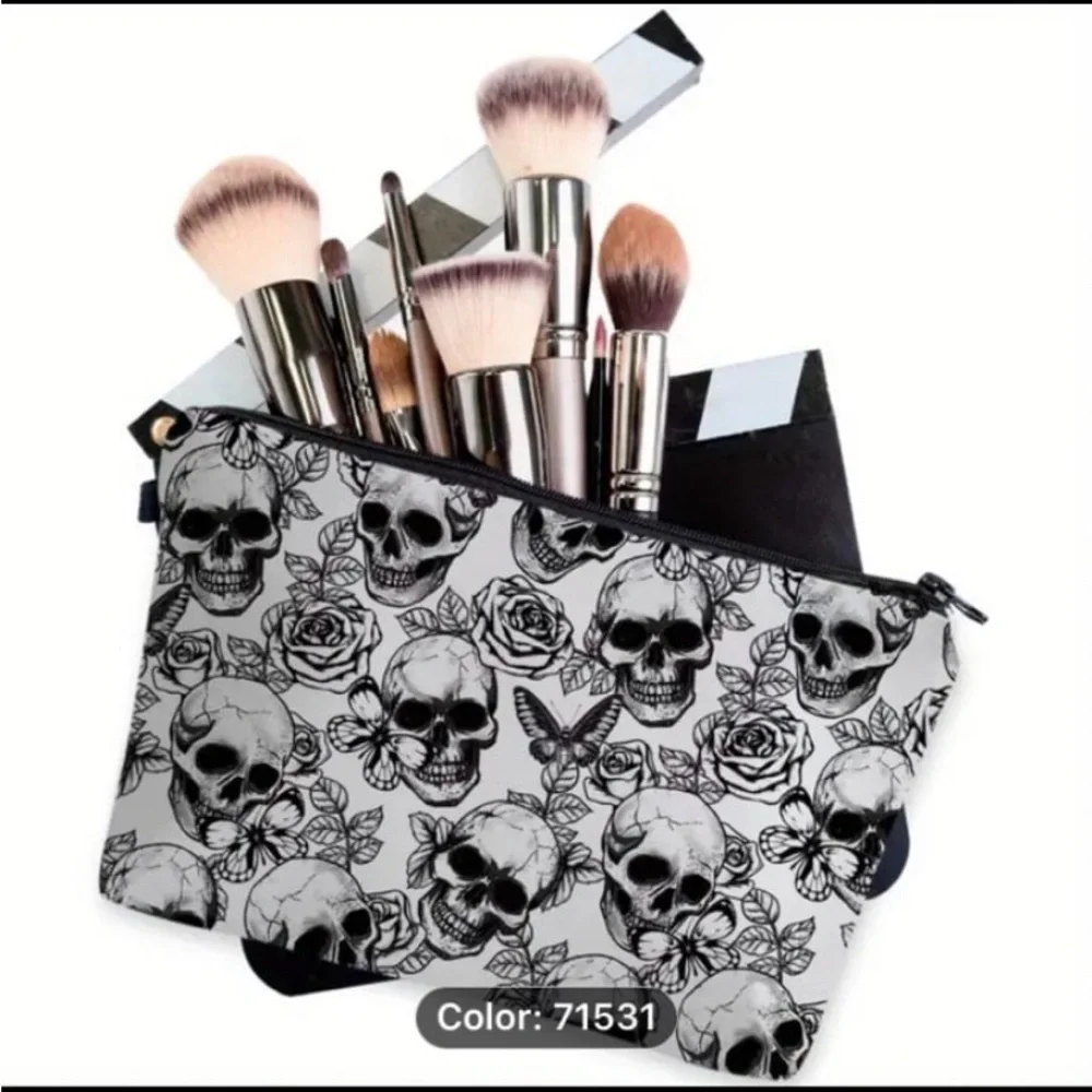 New! Printed Skull Butterfly Rose Pattern Cosmetic Bag, Waterproof Makeup Bag